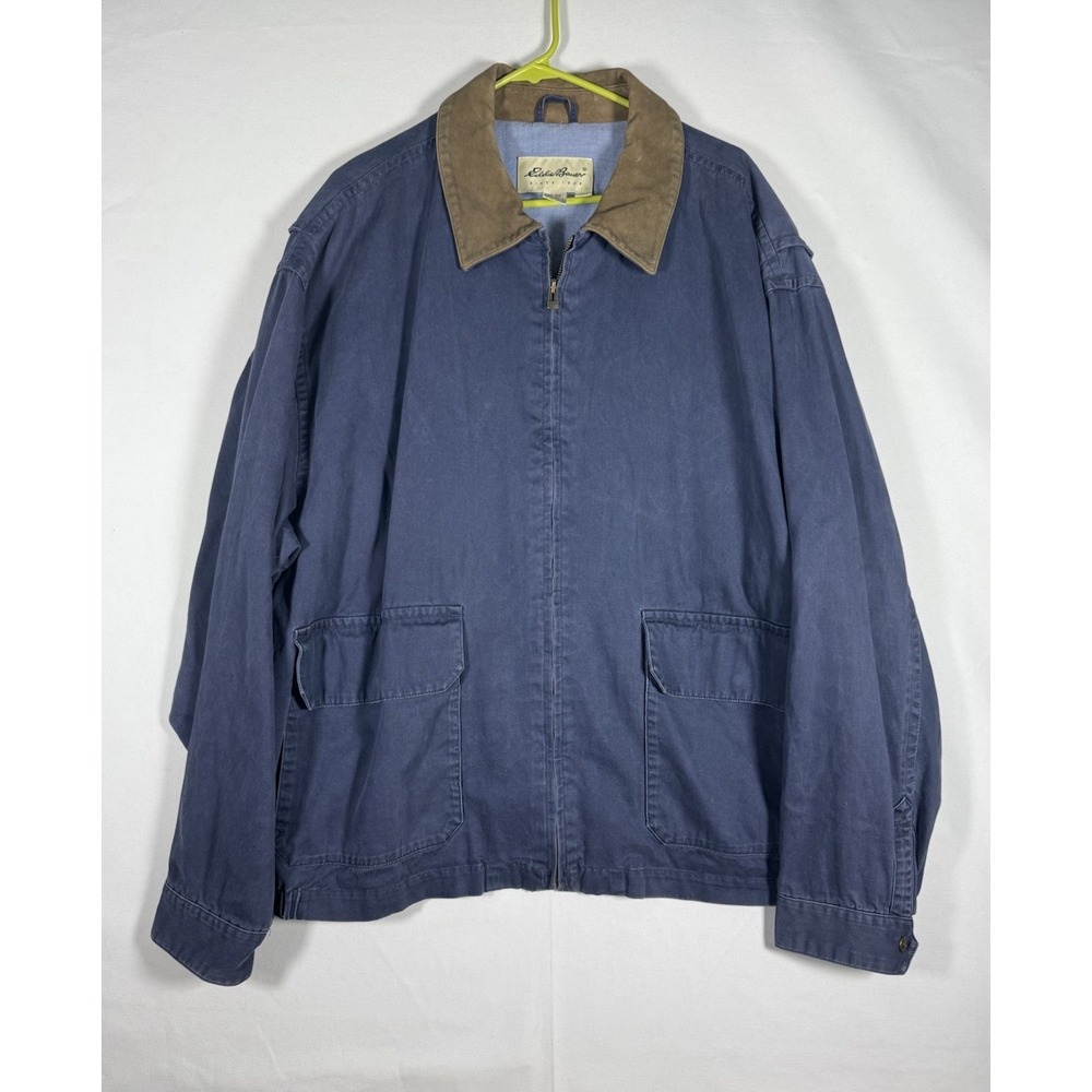 Vintage Eddie Bauer Jacket Men's XL Blue Bomber Zip Leather Collar 100% Cotton